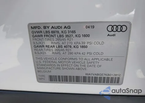 2019 Audi E-Tron Premium Plus z USA, uszkodzony, nr VIN WA1VABGE7KB012812
